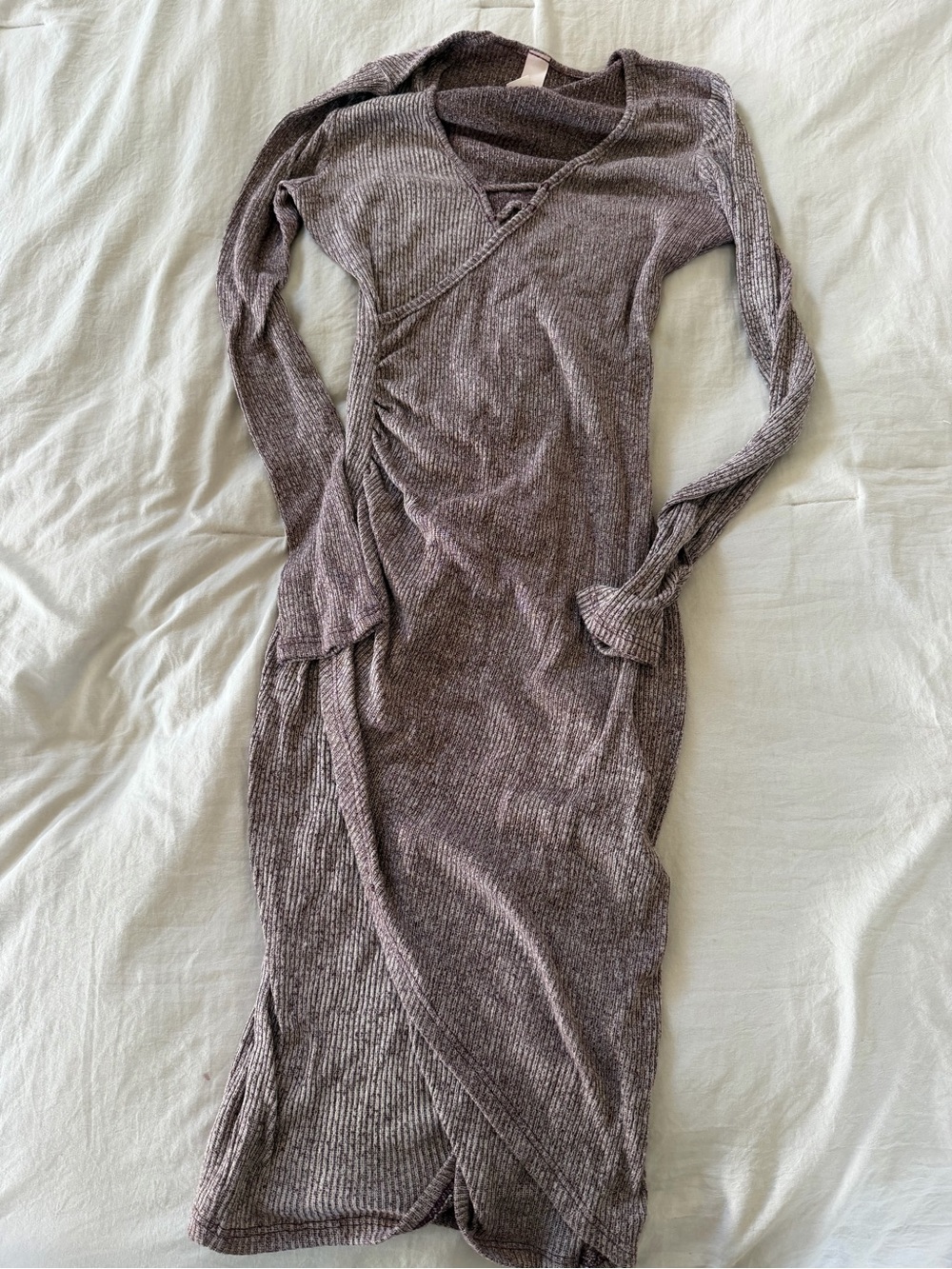 Long Sleeve Ribbed Wrap Midi Dress in Taupe